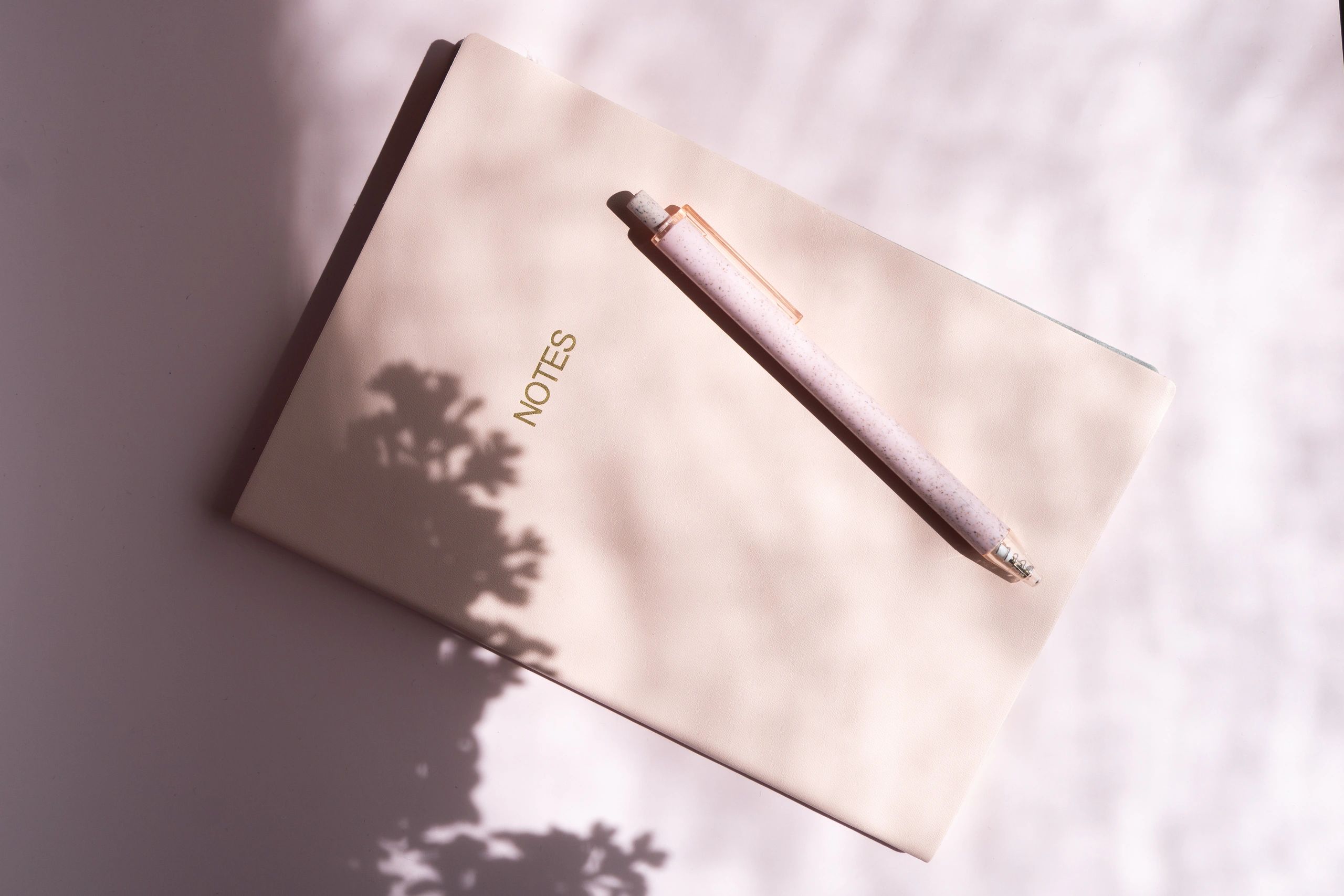 Blush pink notebook flat lay with pastel pen
